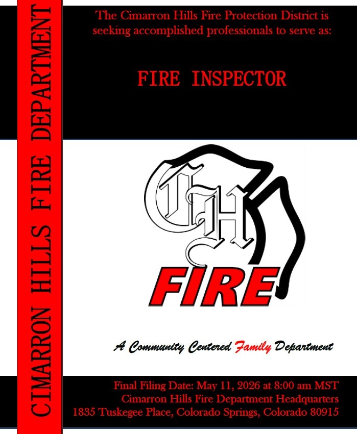 The image is a job posting for a Fire Inspector at the Cimarron Hills Fire Protection District, with a filing date of May 11, 2026.