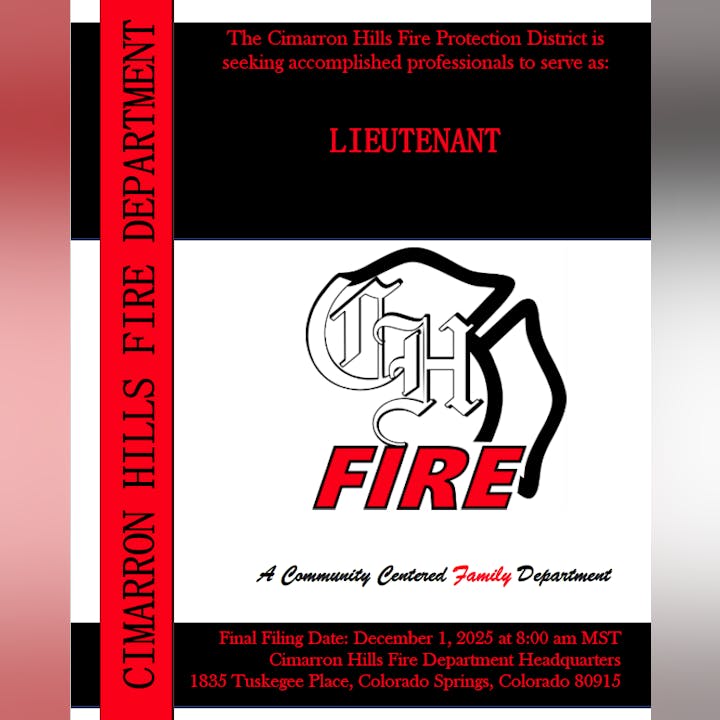 Cimarron Hills Fire Department seeks lieutenant; apply by Dec 1, 2025, 8:00 AM MST at 1835 Tuskegee Place, Colorado Springs.