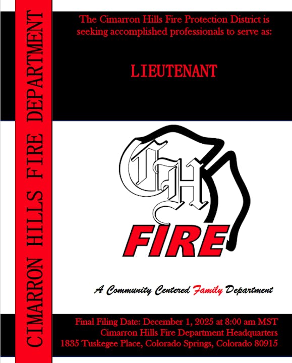 Cimarron Hills Fire Department seeks lieutenant; apply by Dec 1, 2025, 8:00 AM MST at 1835 Tuskegee Place, Colorado Springs.