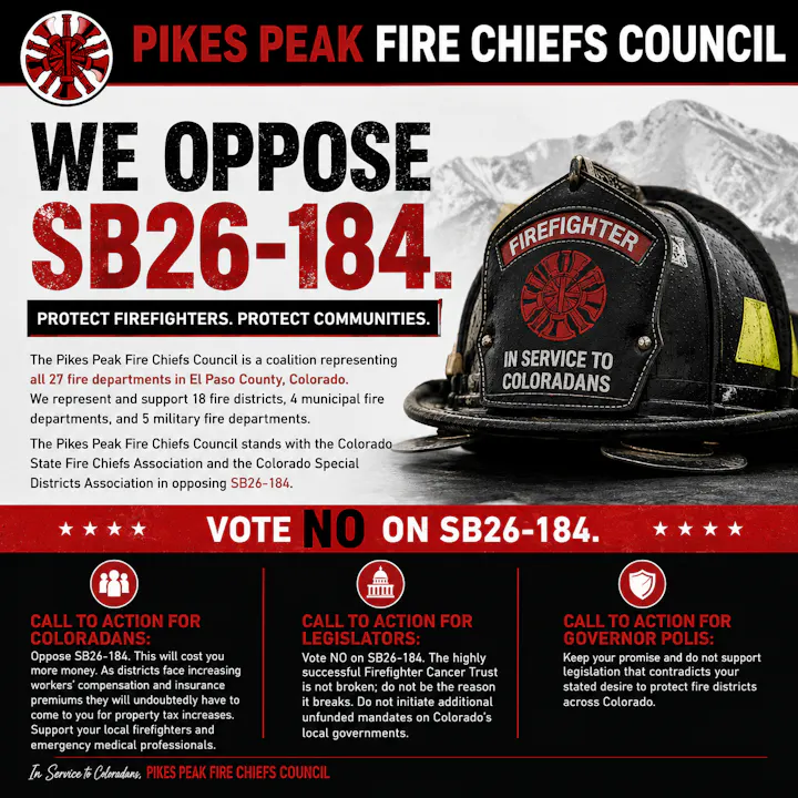 The Pikes Peak Fire Chiefs Council opposes SB26-184, urging protection for firefighters and communities in El Paso County, Colorado.