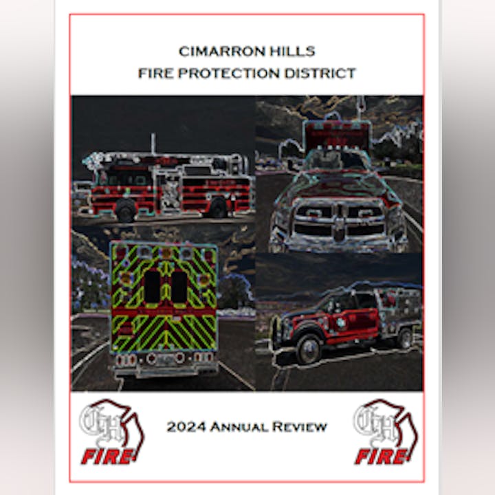 Cover of Cimarron Hills Fire Protection District's 2024 Annual Review featuring fire trucks and emergency vehicles.