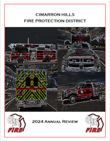 Cover of Cimarron Hills Fire Protection District's 2024 Annual Review featuring fire trucks and emergency vehicles.