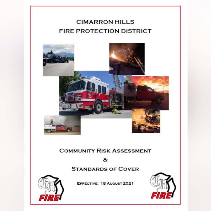 CHFPD Community Risk Assessment and Standards of Cover document report cover with images of fire trucks and emergency scenes.