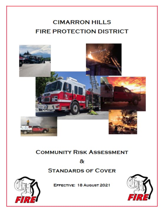 CHFPD Community Risk Assessment and Standards of Cover document report cover with images of fire trucks and emergency scenes.