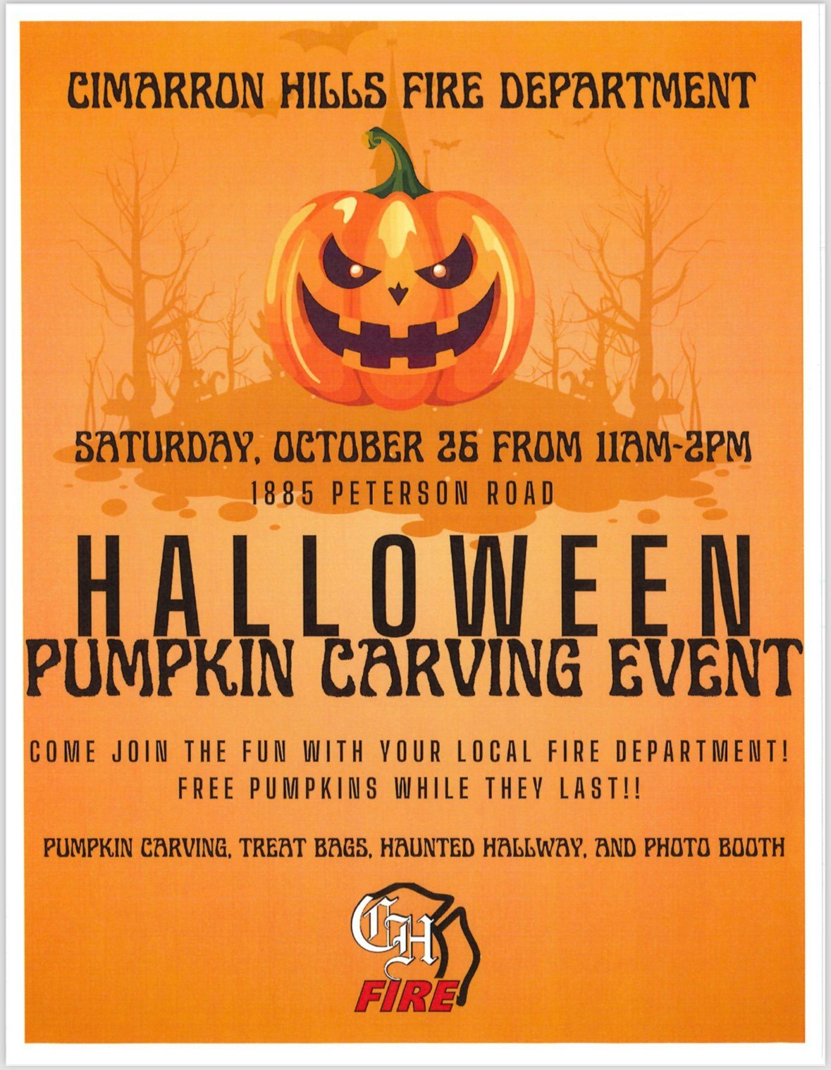 Flyer for a Halloween pumpkin carving event at Cimarron Hills Fire Department with date, address, activities, and a spooky pumpkin graphic.