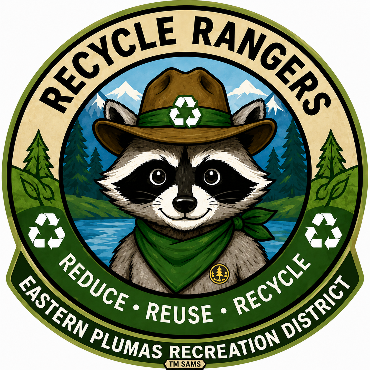 An illustrated badge featuring a raccoon ranger promoting recycling with the message "Reduce, Reuse, Recycle."