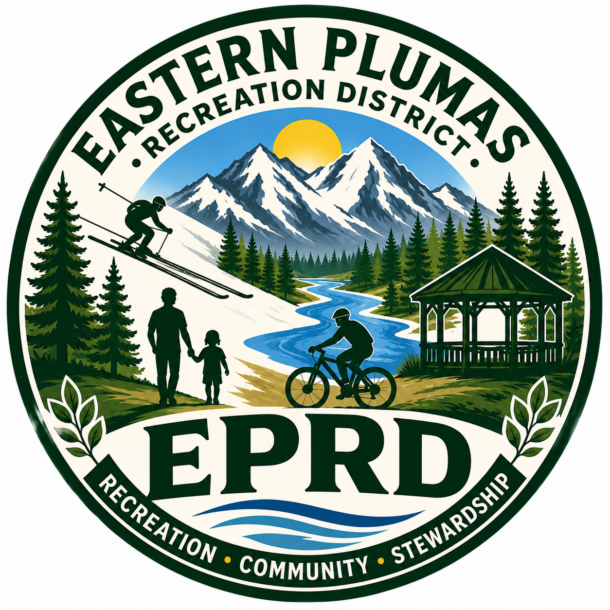 A logo for the Eastern Plumas Recreation District featuring skiing, biking, a family, mountains, and a gazebo.
