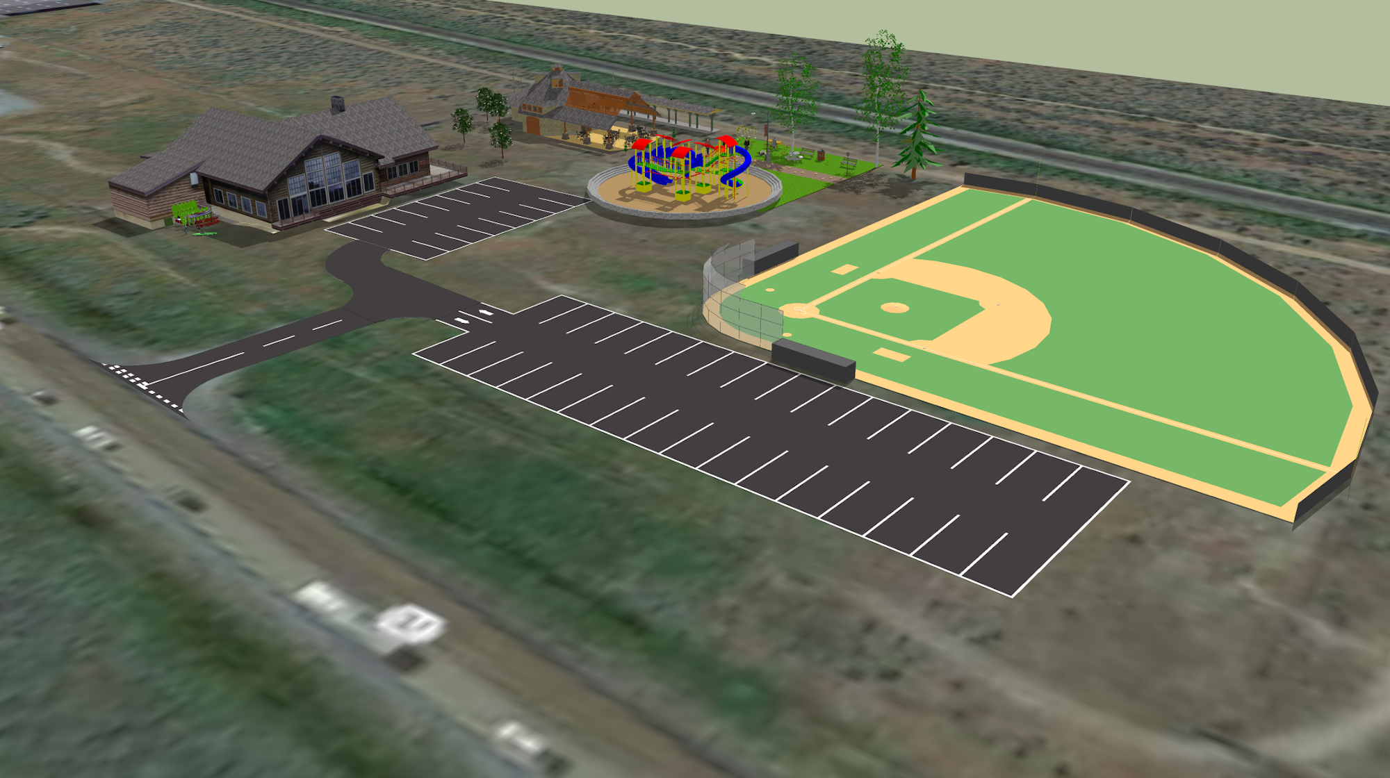 Parking lot, playground, buildings, and a baseball field in a grassy area.