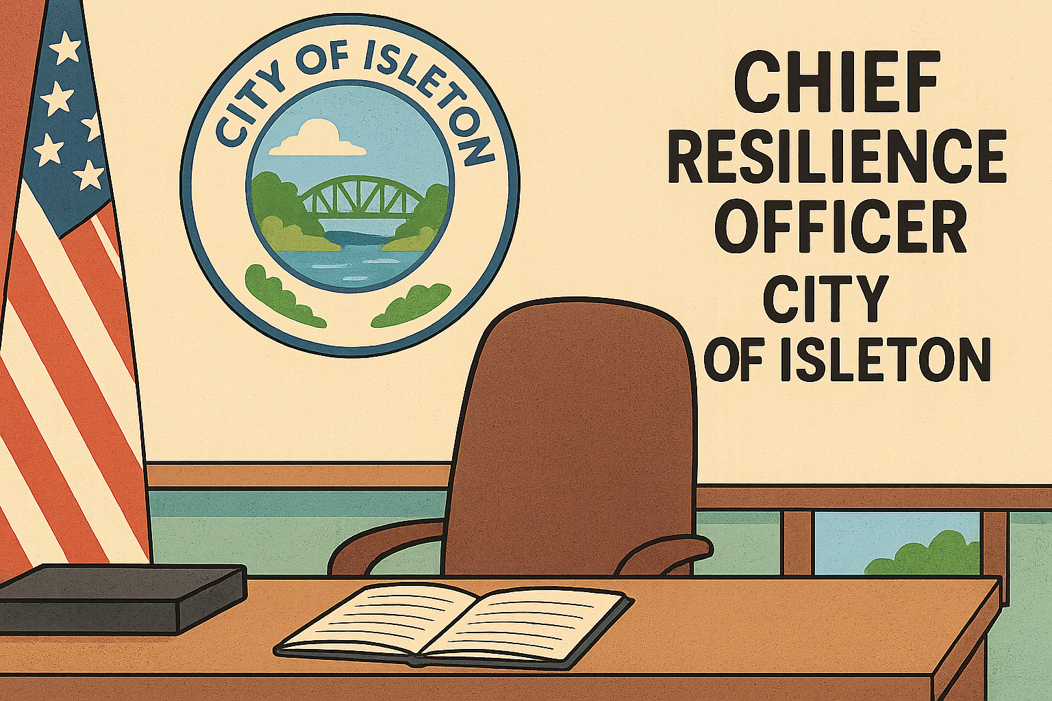 Office with a desk, chair, open book, flag, and City of Isleton logo for Chief Resilience Officer.