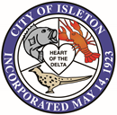 Seal of the City of Isleton with fish, crawfish, bird, text "Heart of the Delta," and date "Incorporated May 14, 1923."