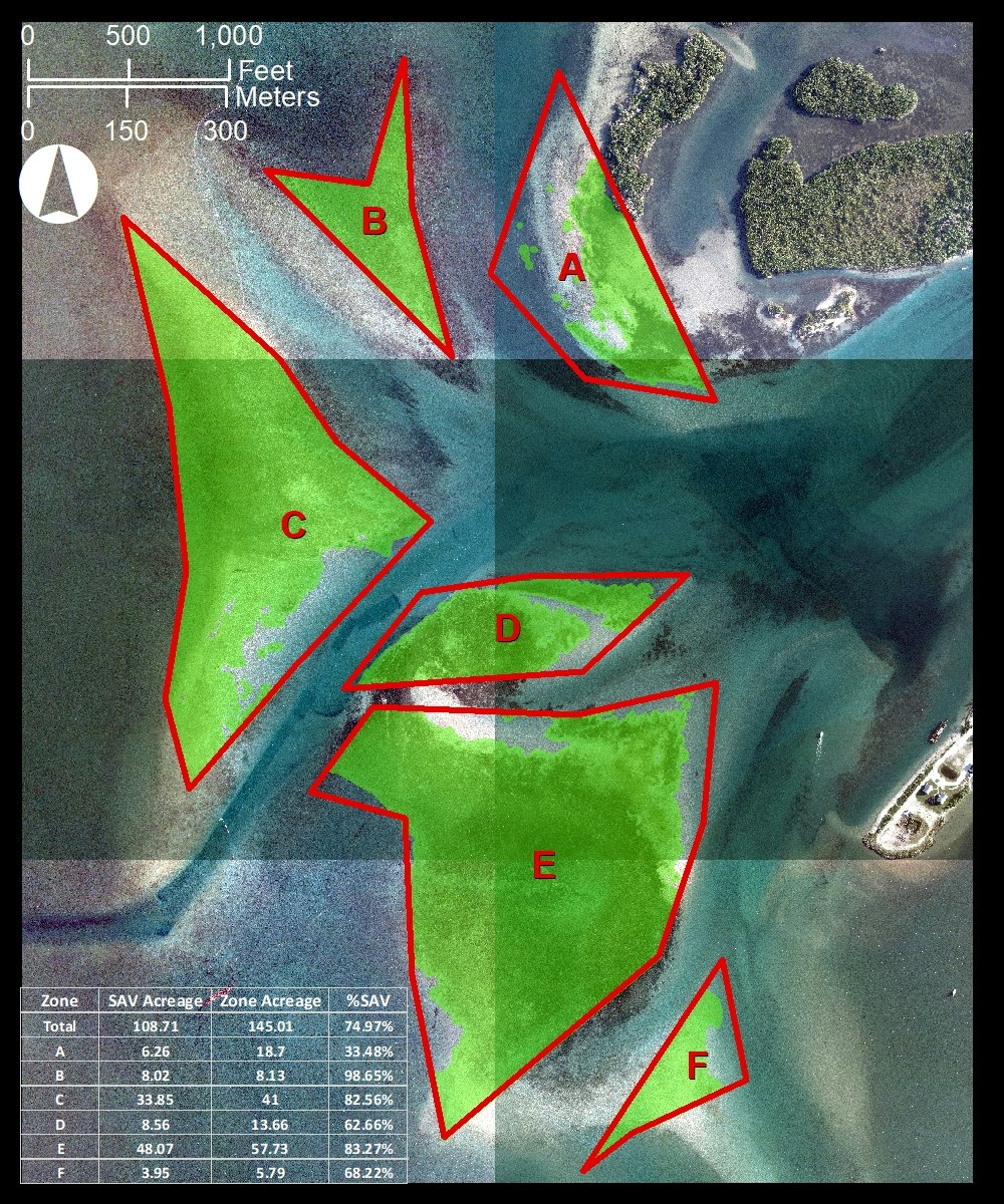 aerial map looking straight down of Sebastian Inlet flood shoal with 6 zone boundaries and chart showing seagrass coverage in acres