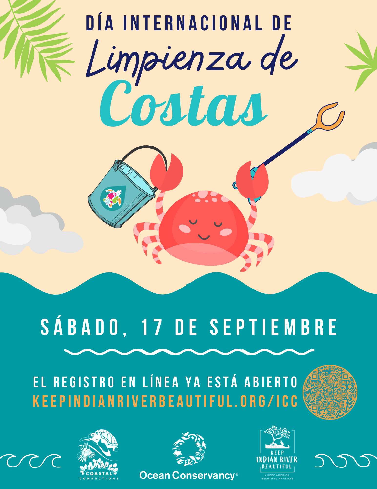 Image promotes International Coastal Cleanup Day on September 17. Registration open at keepindianriverbeautiful.org/ICC.