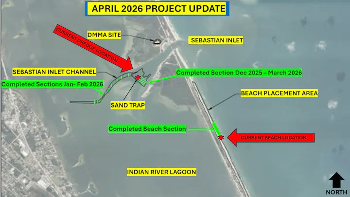 Map showing project updates for a coastal area, highlighting dredge locations, completed sections, and key features like sand traps.