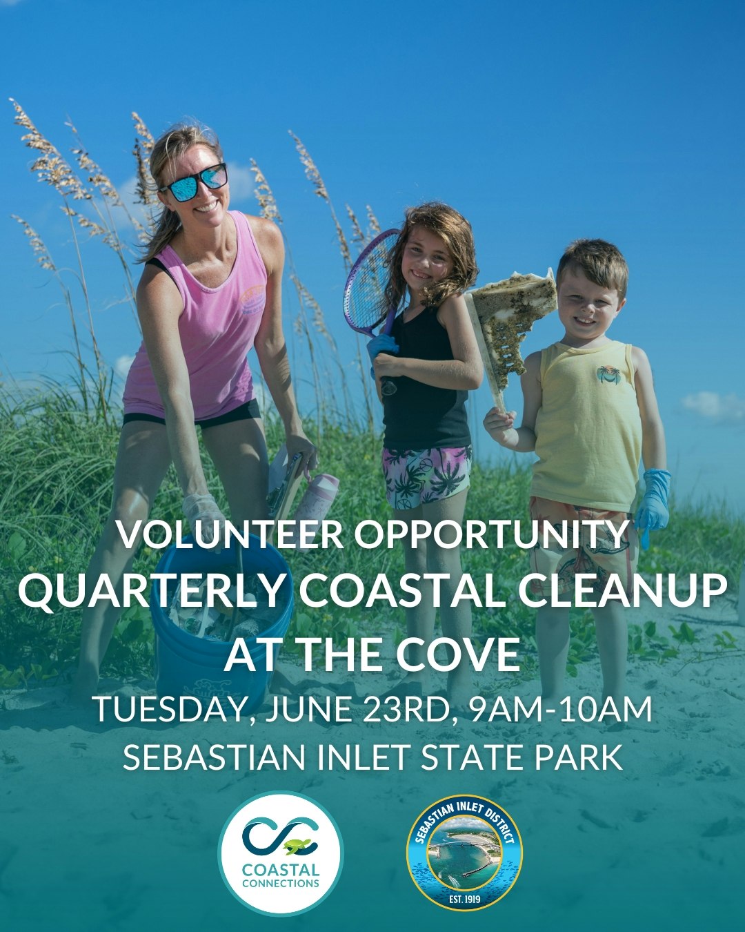Image promotes a coastal cleanup event on June 23rd, 9-10 AM at Sebastian Inlet State Park, featuring volunteers.