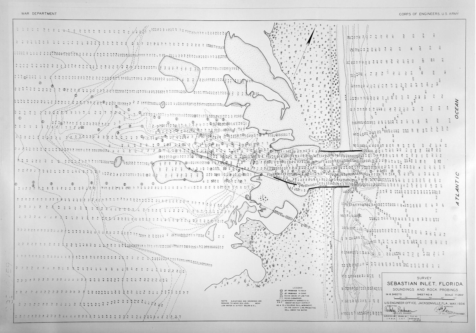A May 1934 bathymetric survey of the inlet system showing depths, drawn by the US Army Corps of Engineers, Jacksonville.