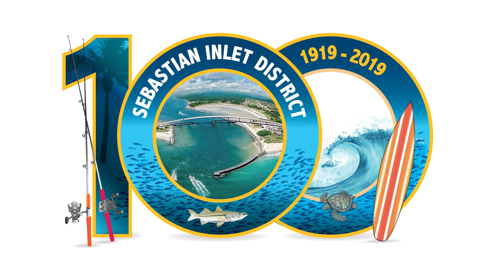 The image celebrates the 100th anniversary of the Sebastian Inlet District (1919-2019), featuring fishing, surfing, and marine life.