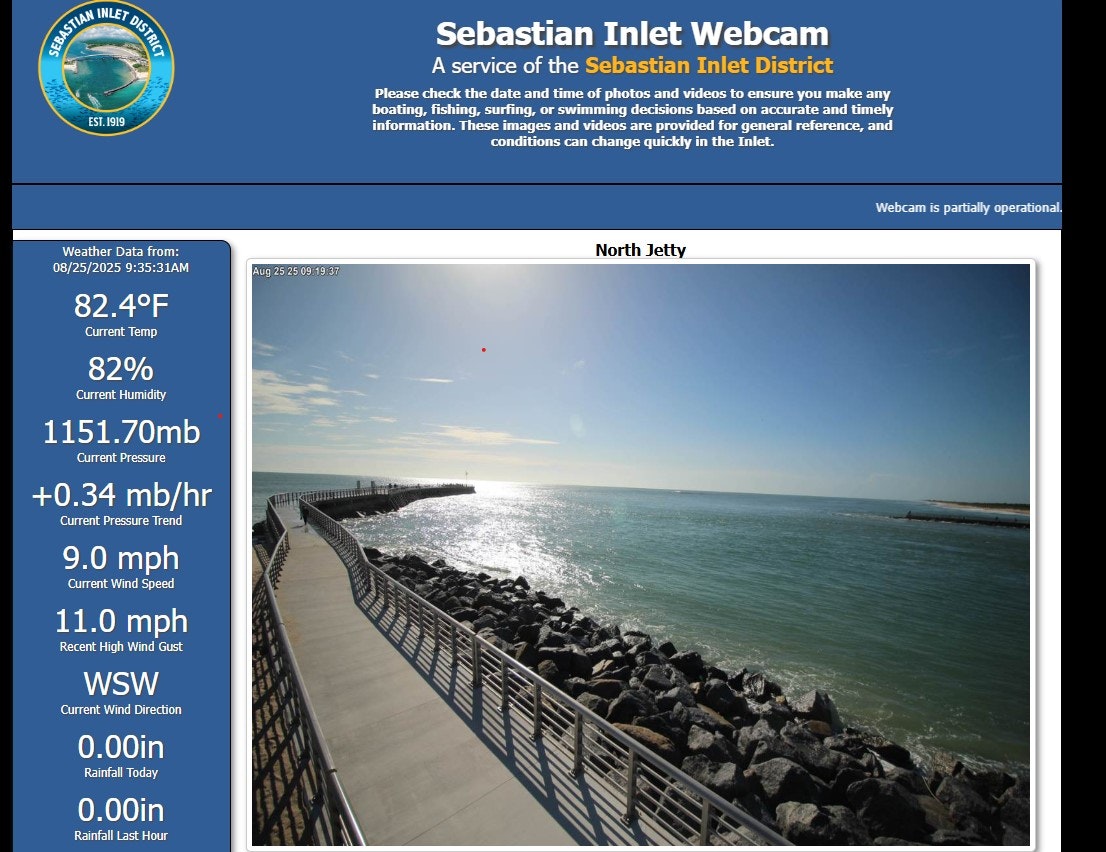 Webcam view of Sebastian Inlet North Jetty, clear skies, 82.4°F, 82% humidity, showing weather data and ocean scenery.