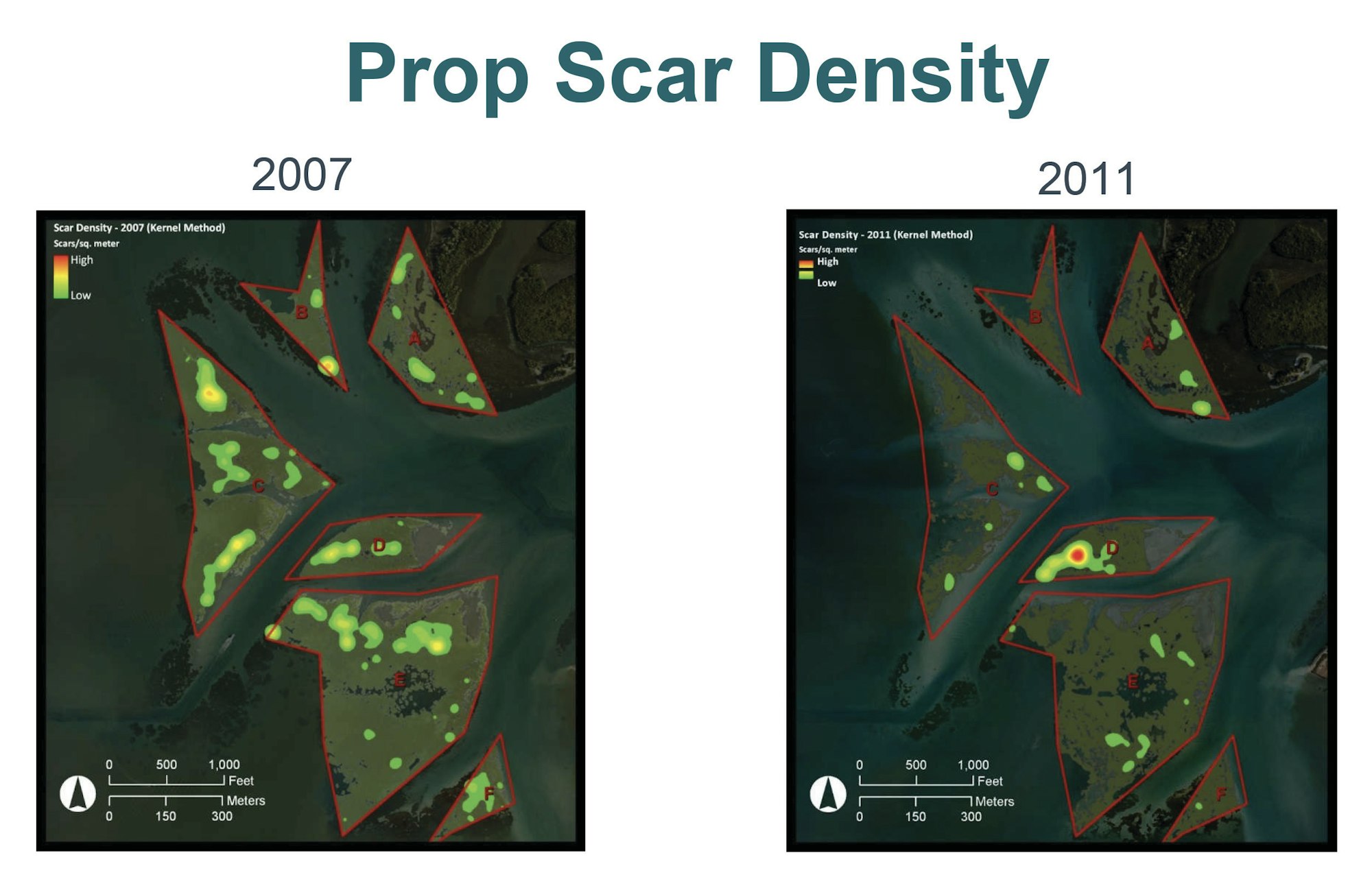 Two comparison images showing reduced prop scars from 2007 to 2011