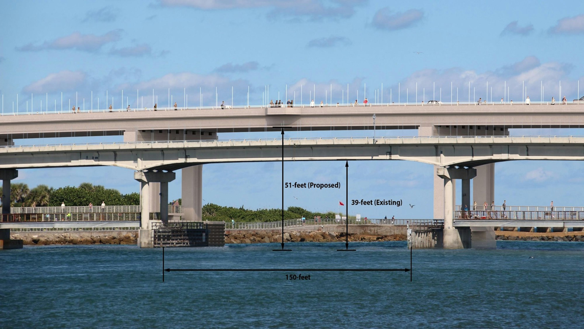 May contain: freeway, road, overpass, water, waterfront, person, arch, and architecture