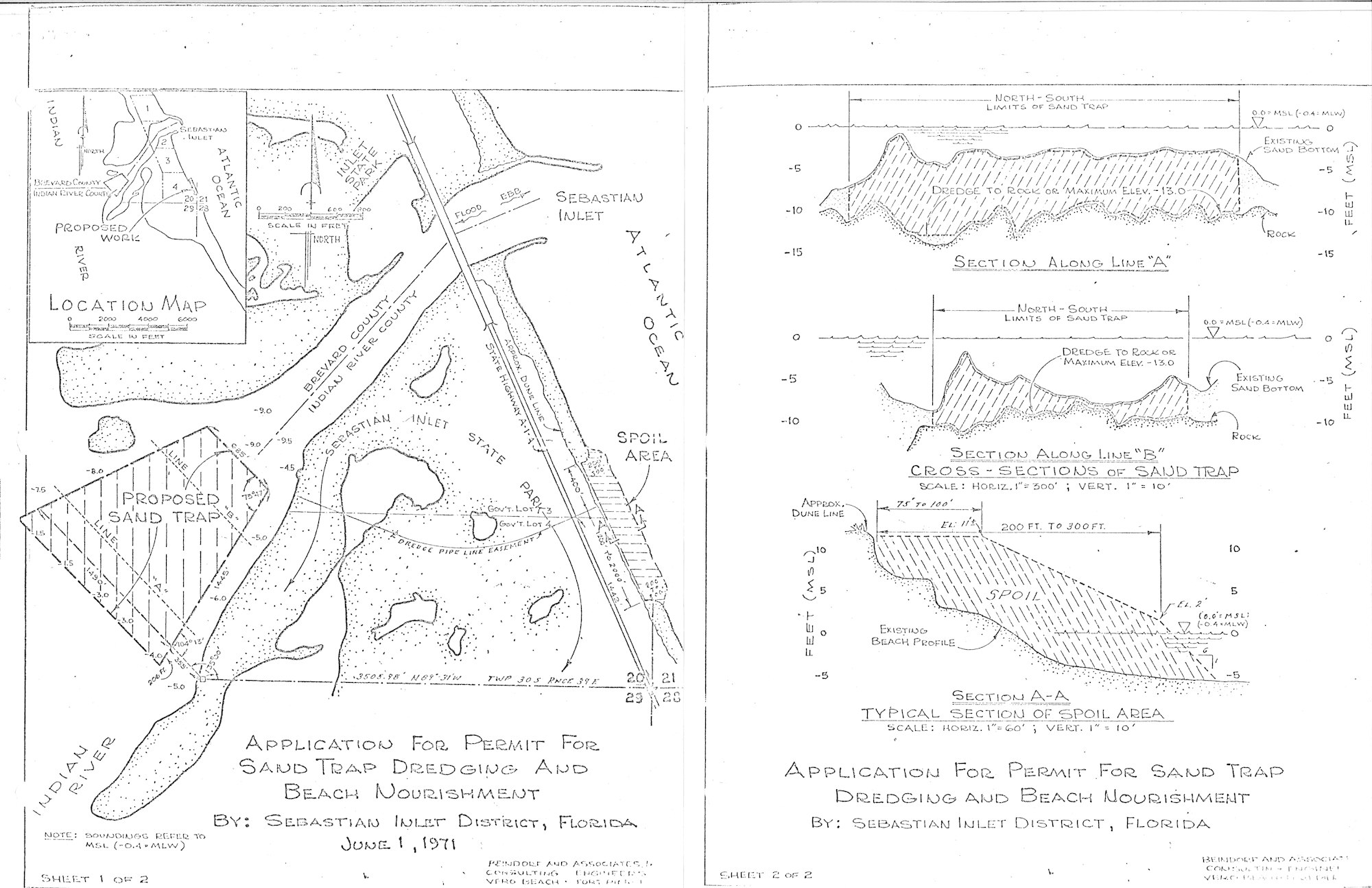 hand drawn map of inlet showing proposed Sand Trap from 1971