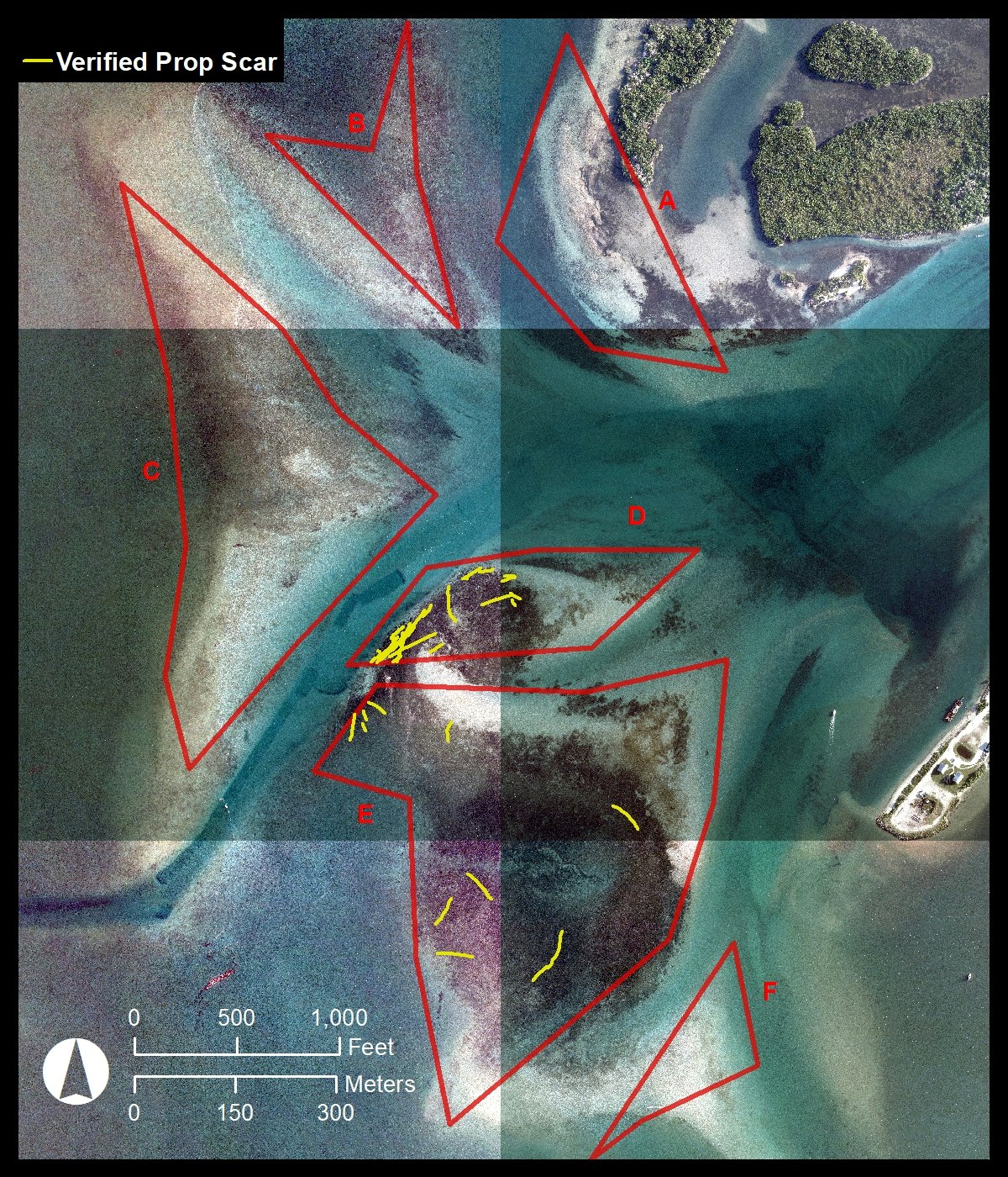 aerial map looking straight down of Sebastian Inlet flood shoal with 6 zone boundaries and indicators where prop scars were found