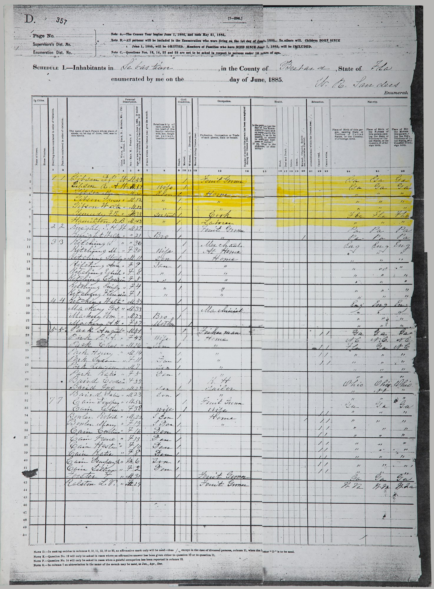 Copy of 1885 Census of Sebastian, Florida