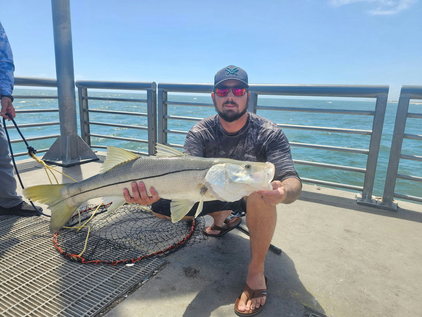 A person on a pier holds a large snook fish, while another person nearby assists with a fishing net in a sunny setting.