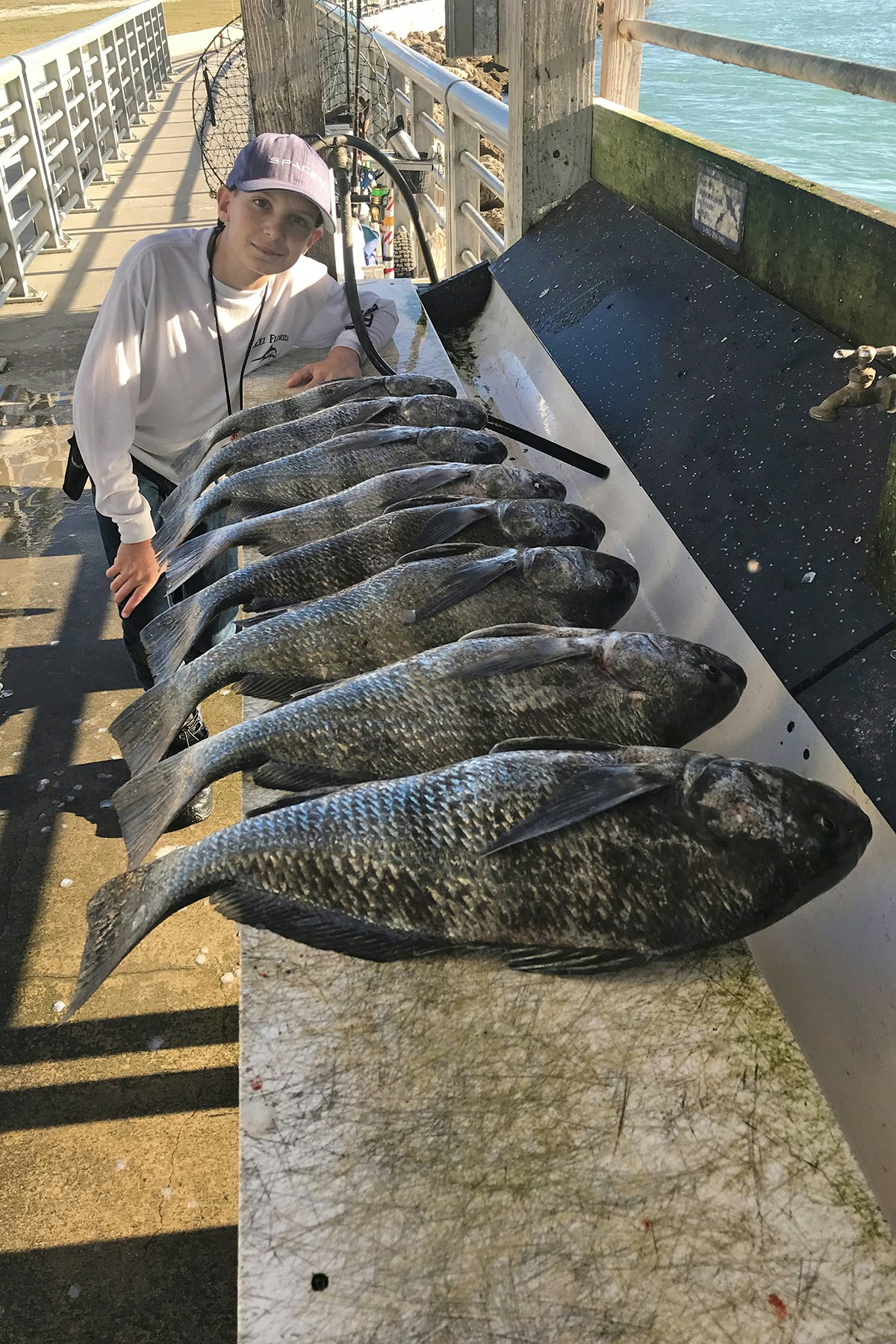 Black Drum lined up on fish cleaning station with young boy in background