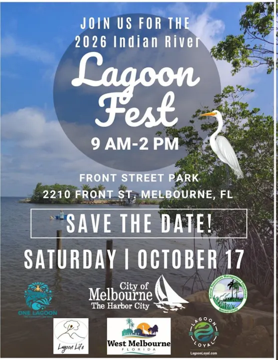 Event announcement for the 2026 Indian River Lagoon Fest on Sat, Oct 17, 9 AM-2 PM at Front Street Park, Melbourne, FL.