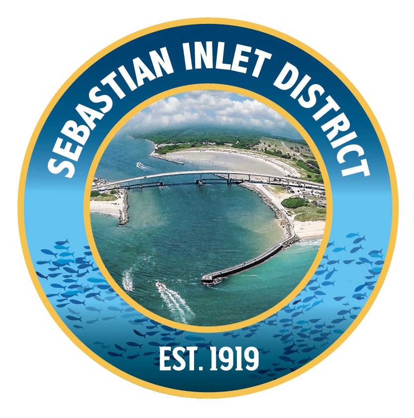 Logo of Sebastian Inlet District, established 1919, showing an aerial view of a coastal area with a bridge and inlet.