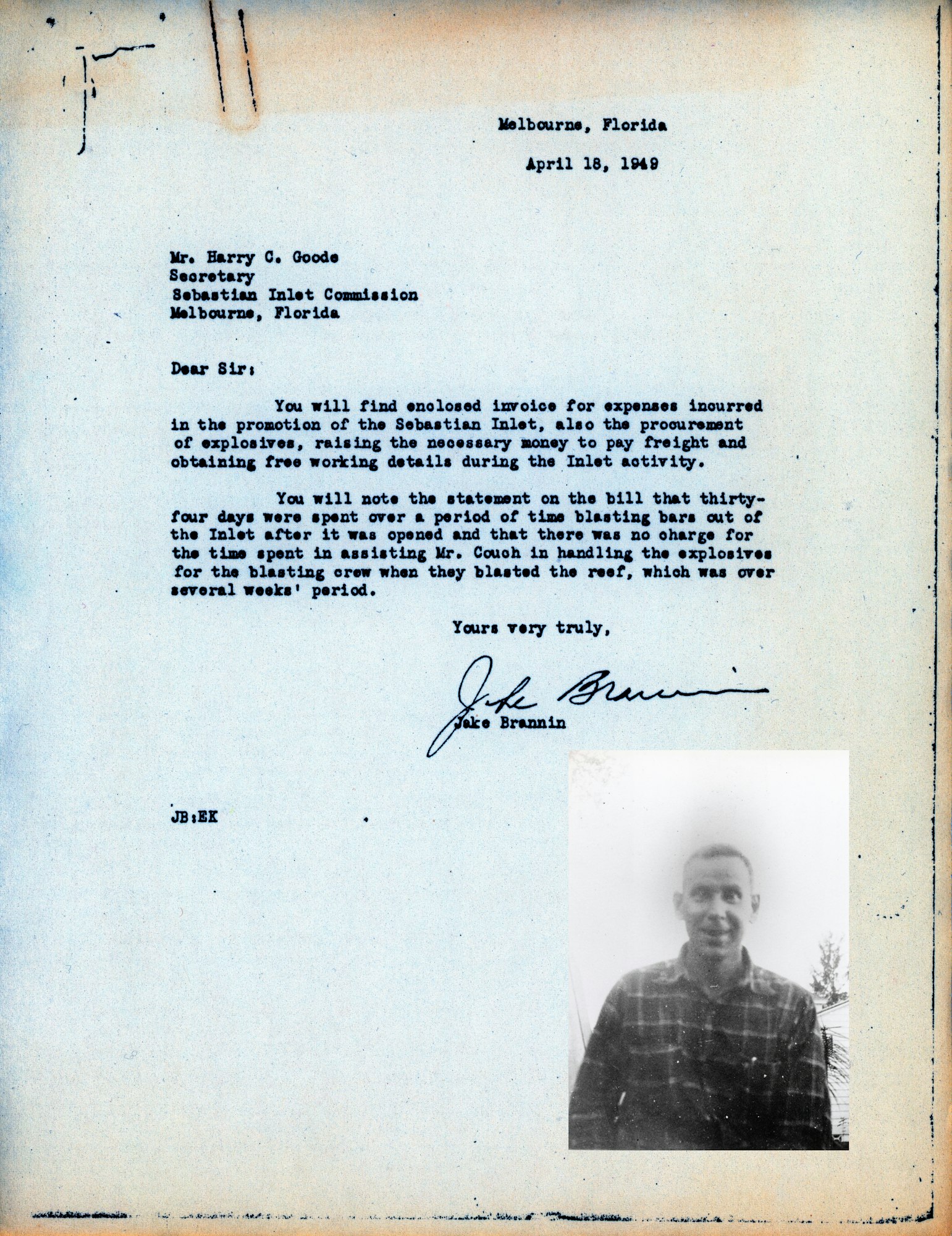Typewritten and signed letter with image of person who wrote it superimposed under the signature line