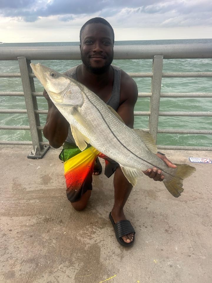 A man proudly holding a large fish by the seafront, with a railing and ocean in the background.