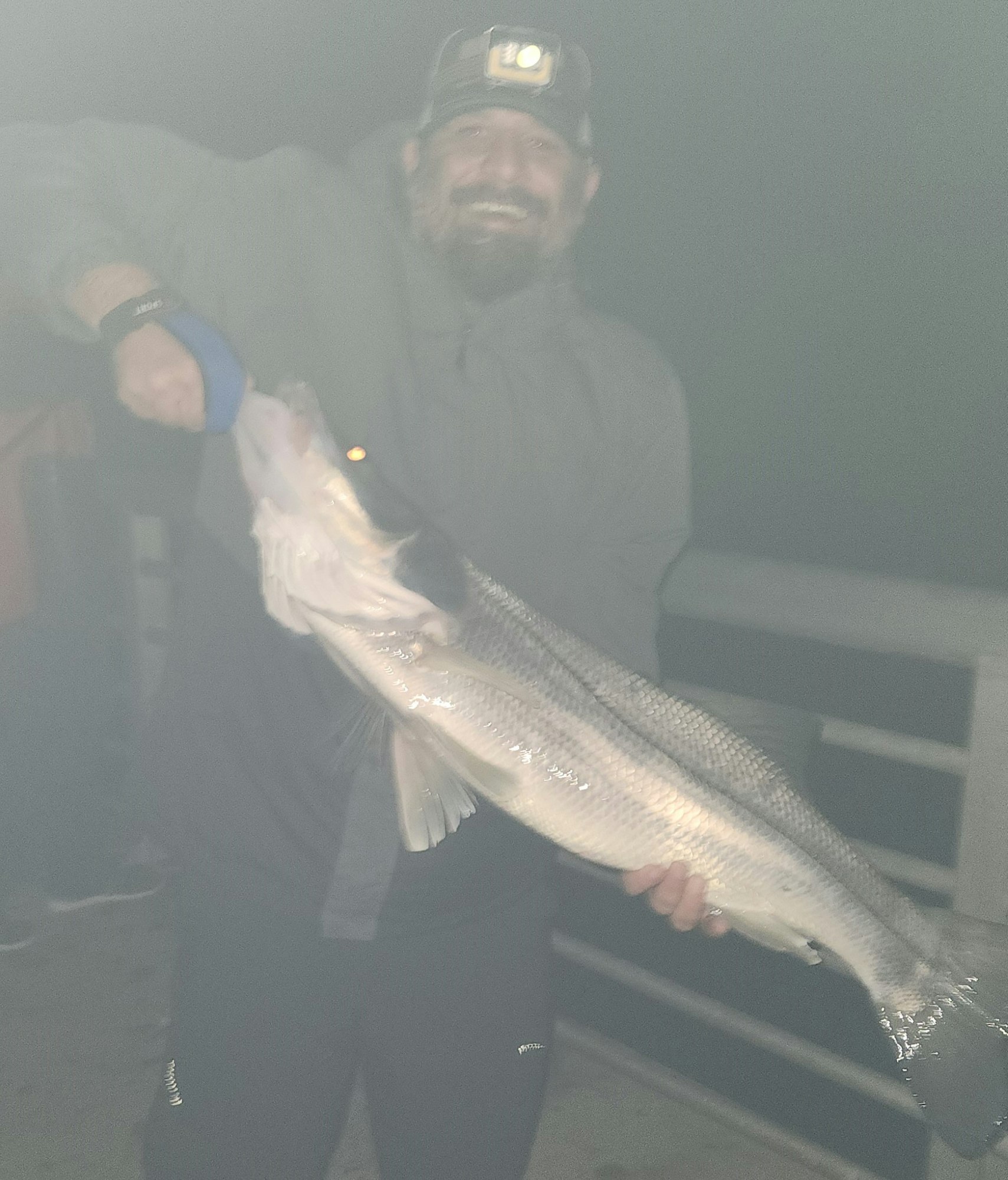 A smiling person holding a large fish at night with a headlamp on.