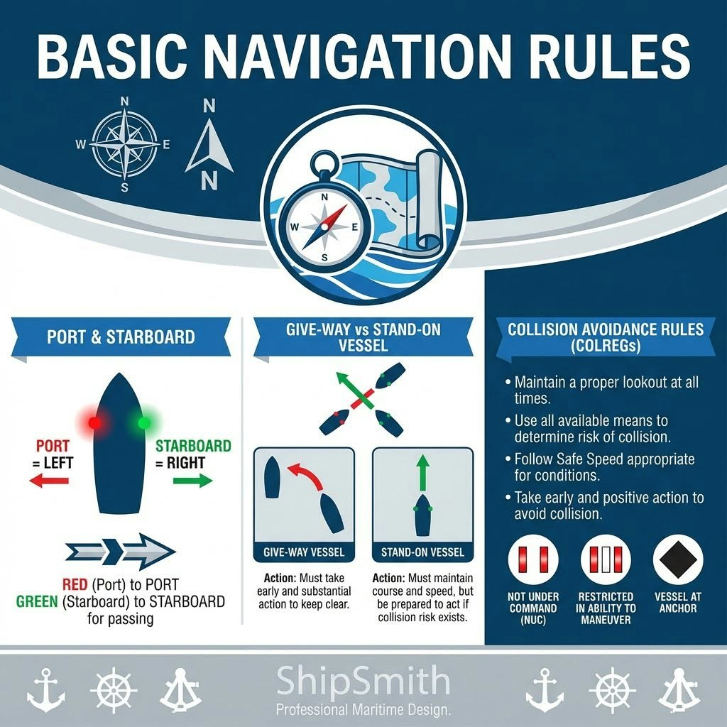 Infographic on basic navigation rules: port/starboard definitions, give-way vs stand-on vessels, and collision avoidance guidelines.