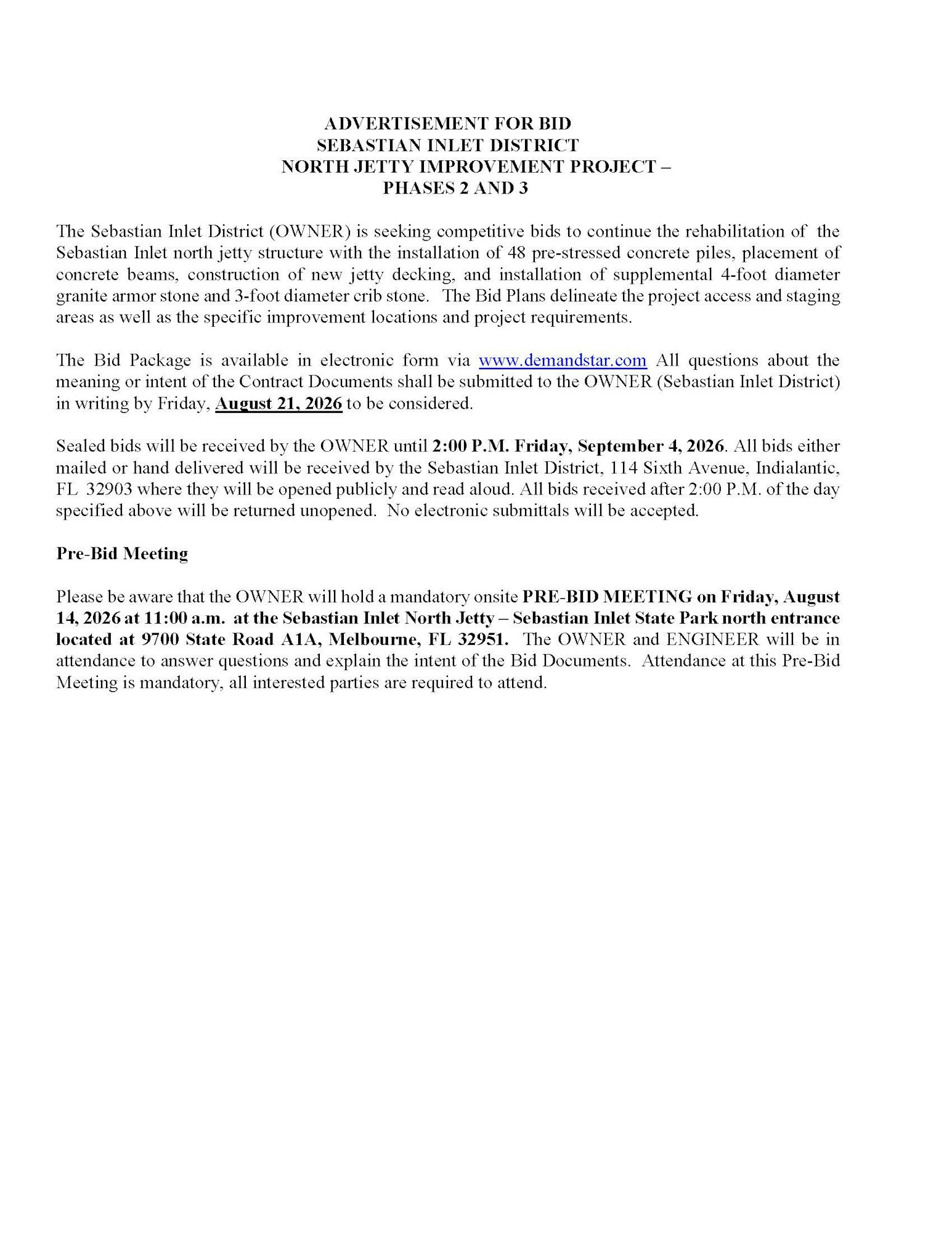 A bid advertisement for the Sebastian Inlet District's North Jetty Improvement Project, detailing requirements and a pre-bid meeting.