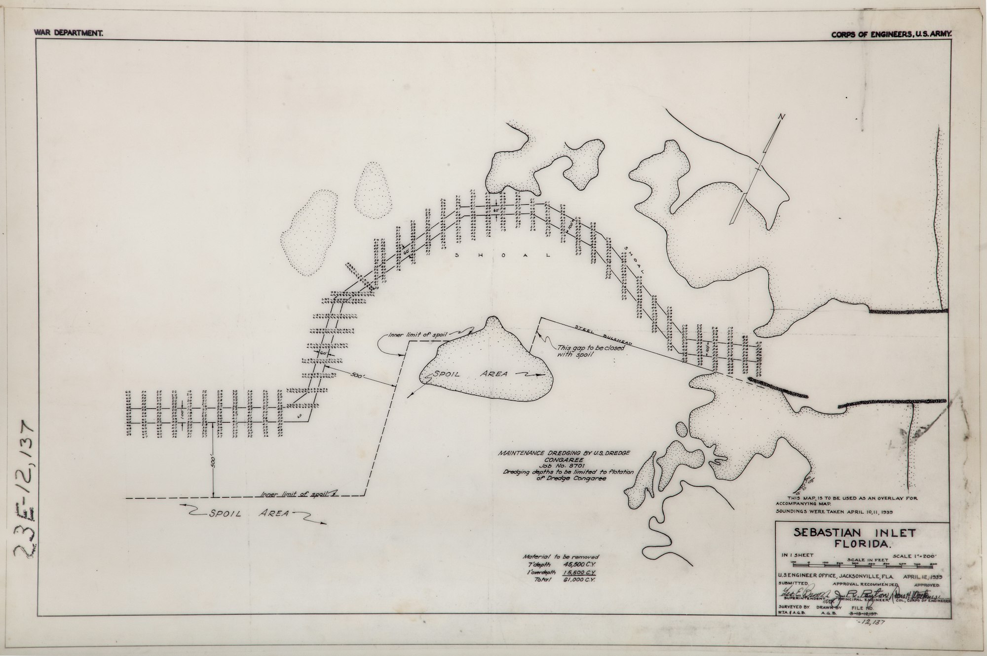 April 12, 1939 channel dredging plans for the inlet drawn by the US Army Corps of Engineers, Jacksonville.