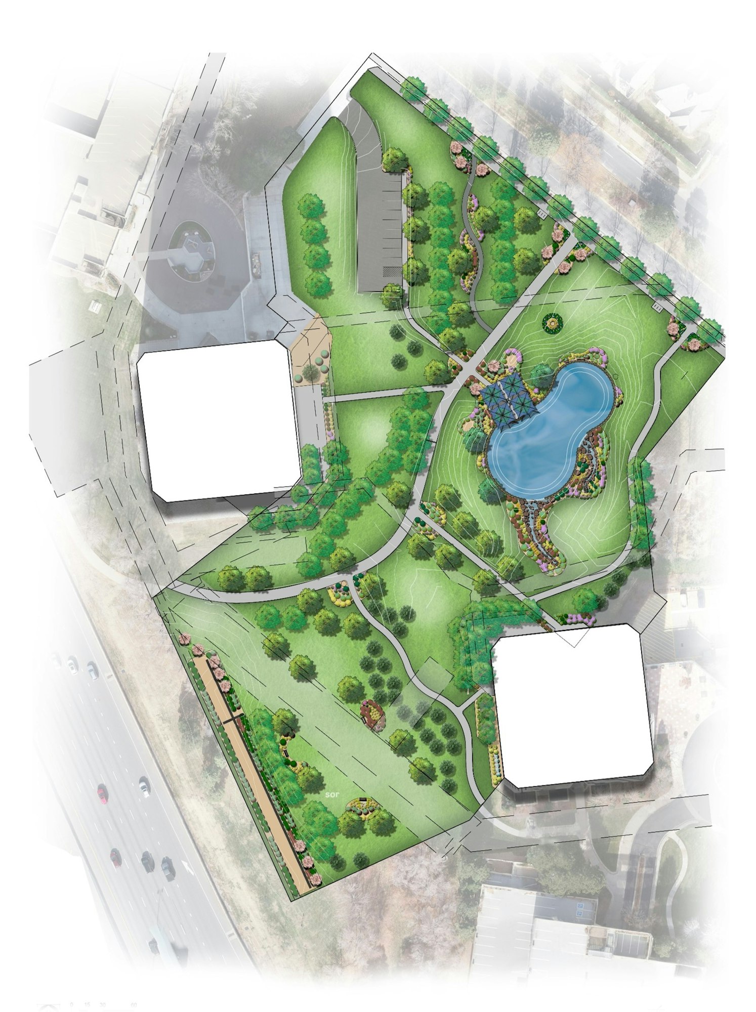 The updated park layout design featuring a pond, seating areas, pathways, planting beds, and a sound wall to reduce noise