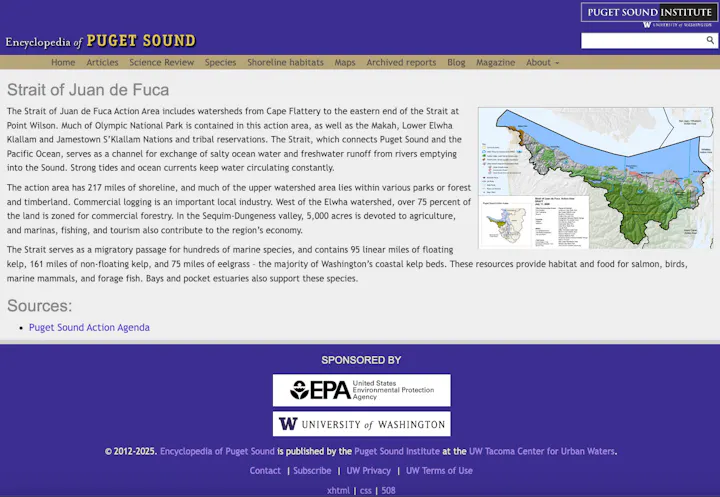 Strait of Juan de Fuca Action Area info, map, and sources on Encyclopedia of Puget Sound; sponsored by EPA and University of Washington.