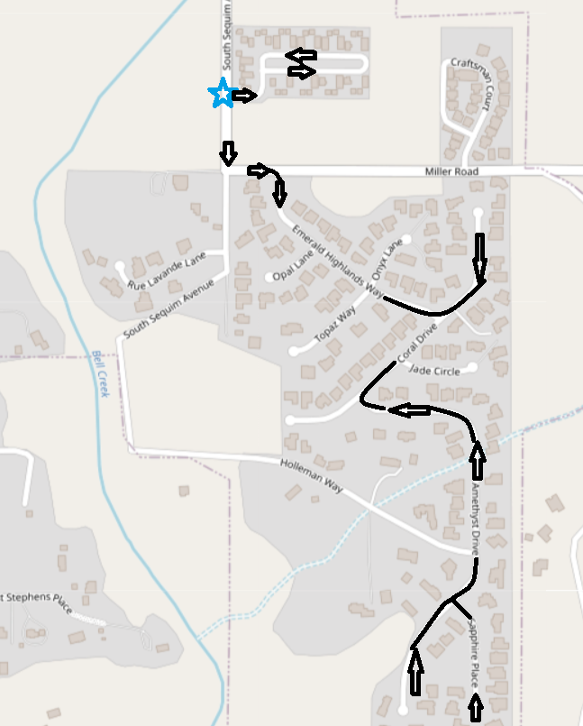 A map with a route marked by arrows and a blue star, indicating directions through several streets including Emerald Highlands Way.
