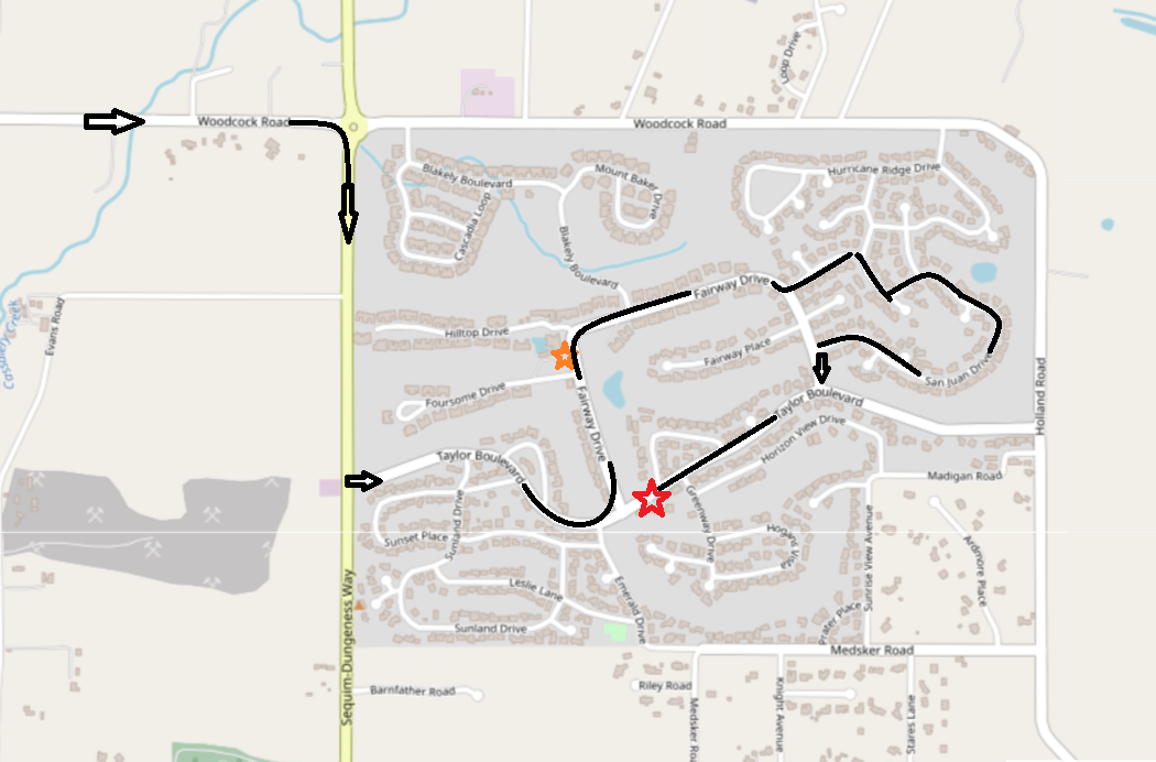 A map with a route marked by black arrows, passing through stars on Taylor Blvd and Horizon View Dr.