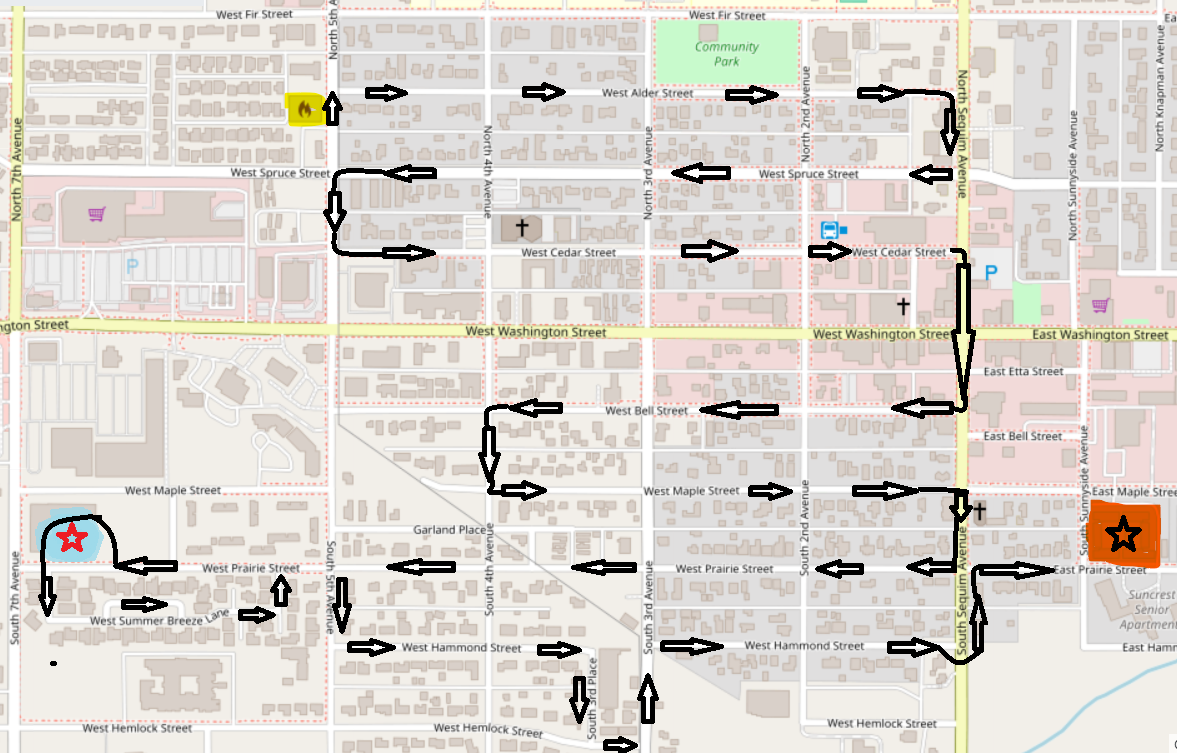 Map with arrows marking a route through streets, passing landmarks marked with stars and icons.