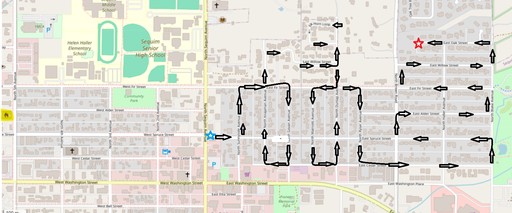 The image shows a map with streets, schools, and a marked path using arrows, indicating directions within the area.