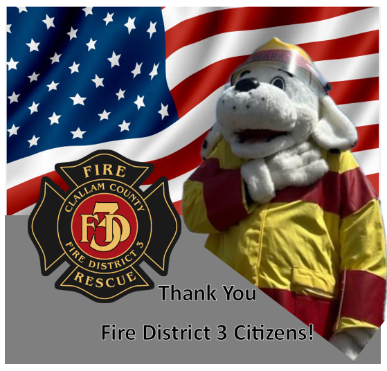 A fire rescue emblem, a costumed dog, and U.S. flag with text: "Thank You Fire District 3 Citizens!"