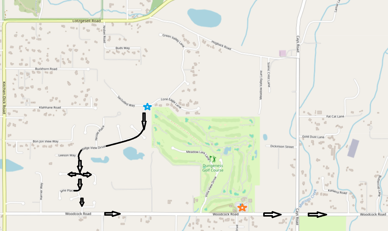 Map showing a route with arrows from a blue star to an orange star, passing Dungeness Golf Course.