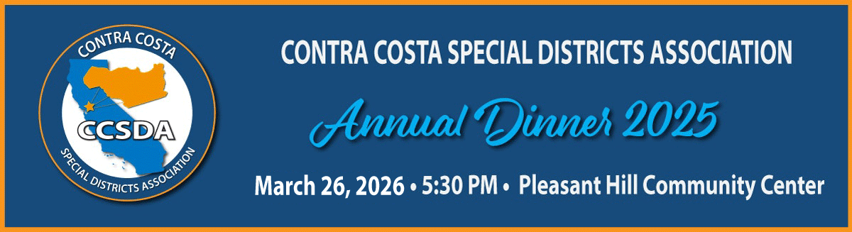 The image promotes the Contra Costa Special Districts Association Annual Dinner 2025, set for March 26, 2026, at 5:30 PM.