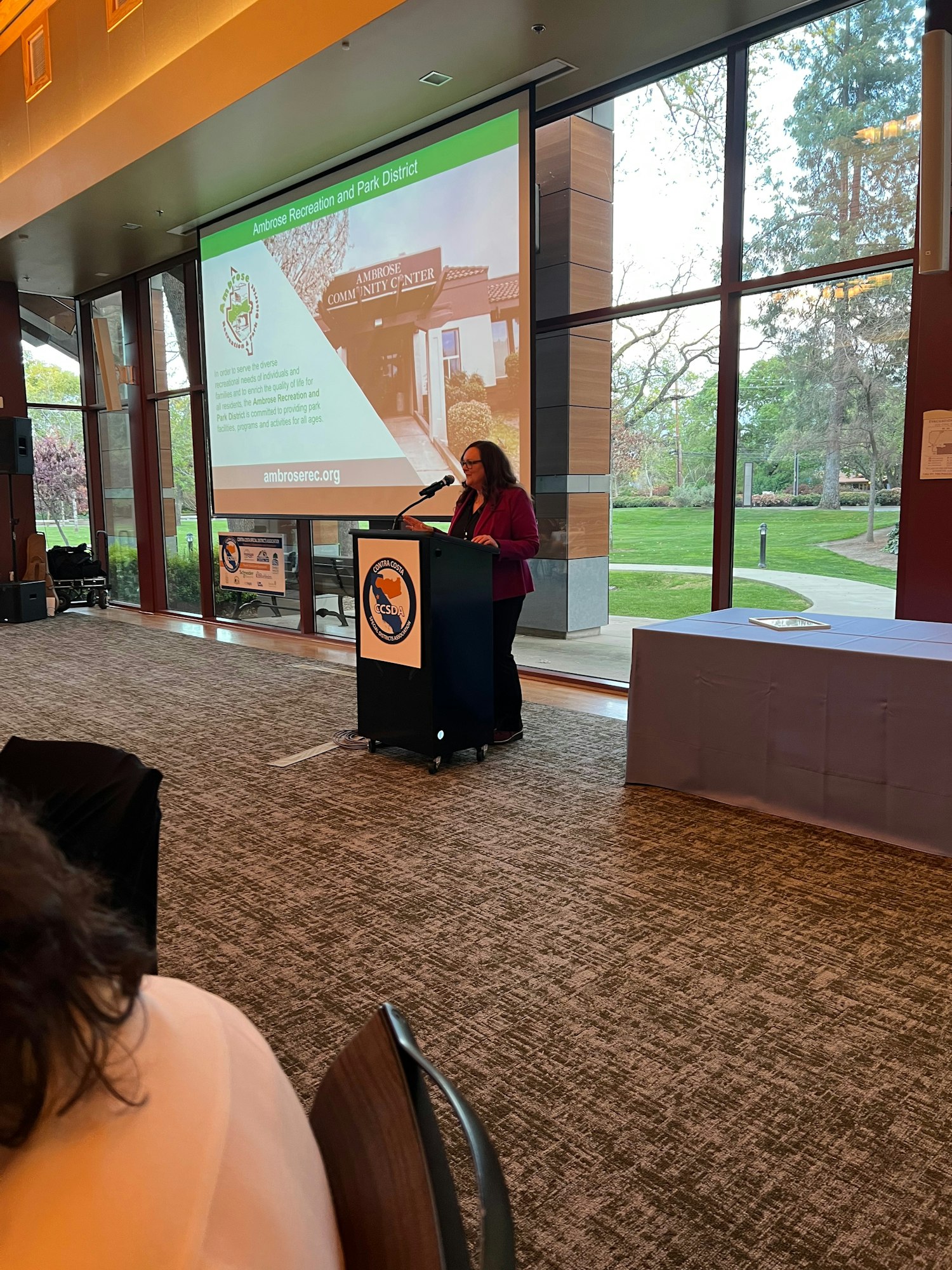 A person at a podium speaks in front of a large presentation screen about the Ambrose Recreation and Park District, with a scenic view outside.