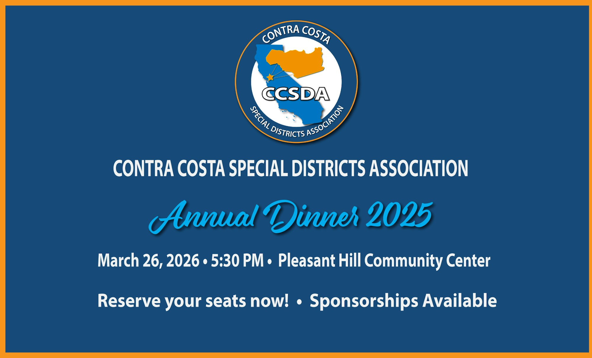 The image features details for the CCSD Annual Dinner 2025 on March 26, 2026, at Pleasant Hill Community Center. Reserve now!