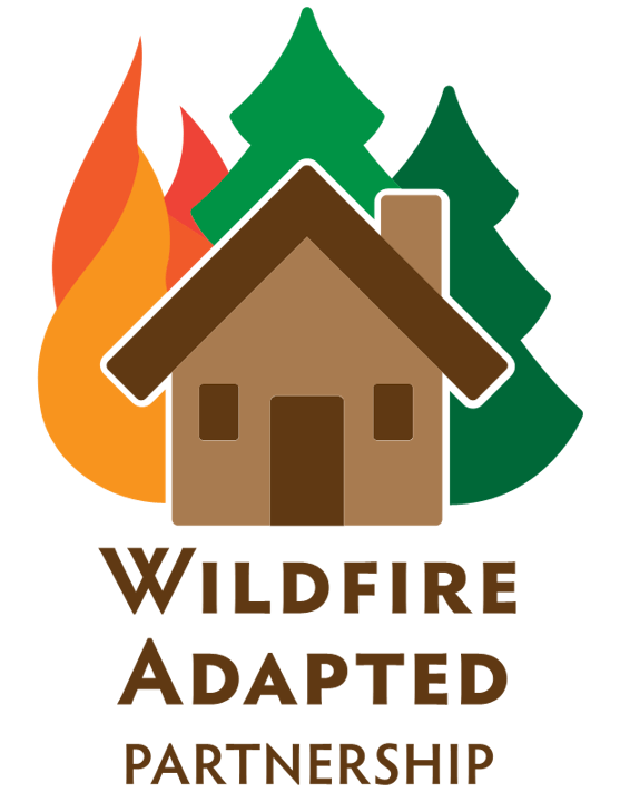 House with fire and trees, text: "Wildfire Adapted Partnership."