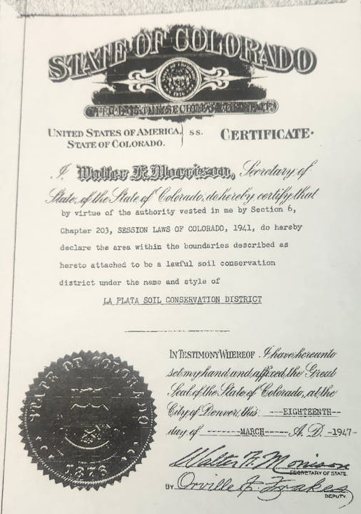 State of Colorado certificate for La Plata Soil Conservation District issued on March 18th, 1947.