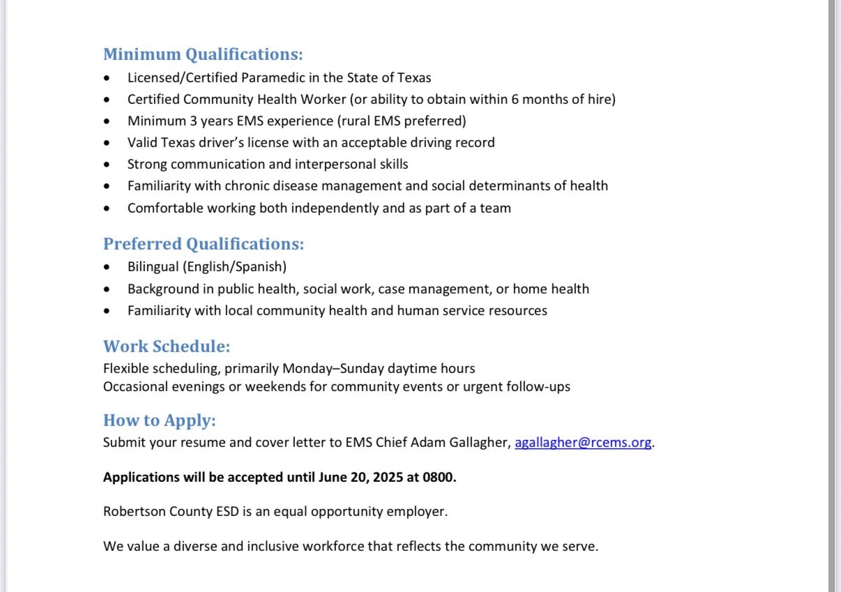 Job qualifications and application details for a paramedic role in Texas, with bilingual preference. Applications due June 20, 2025.